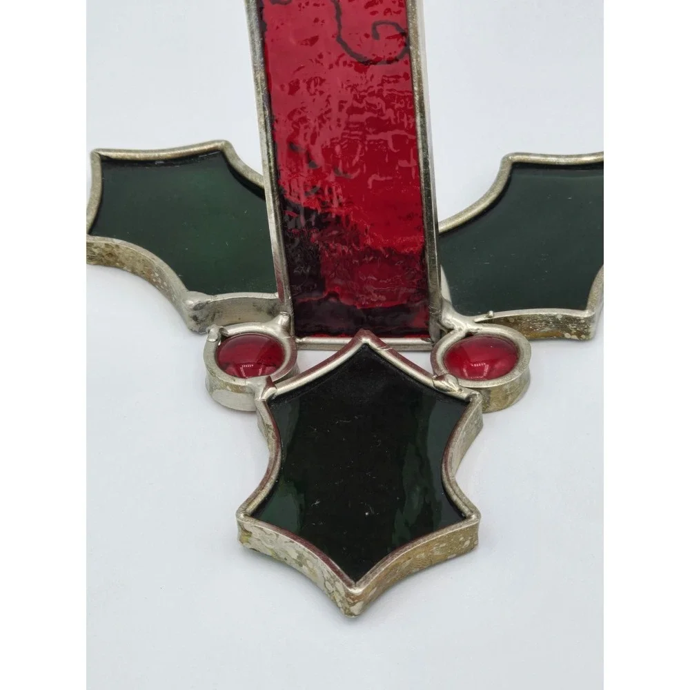 Vintage Stained Glass Christmas Holly & Candle Standing Centerpiece